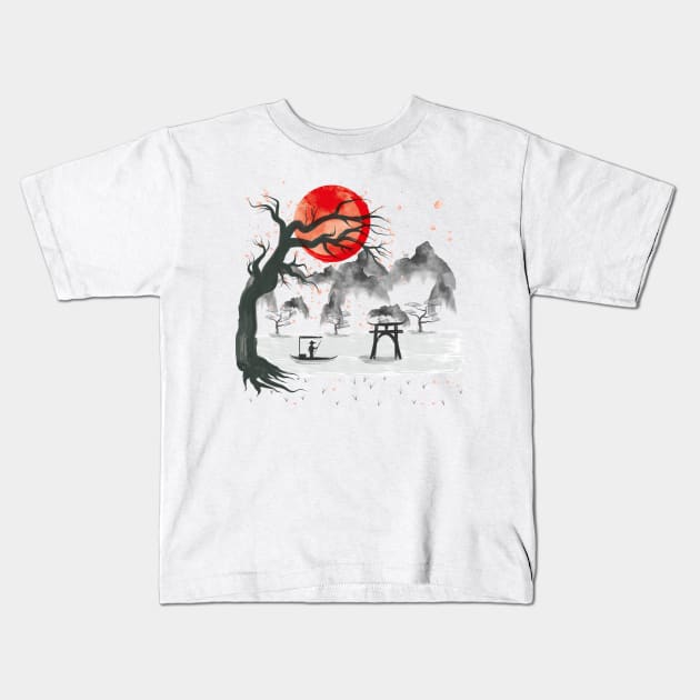 Ancient Japanese Graphic Art Cherry Blossom woodblock Vintage Kids T-Shirt by Asg Design